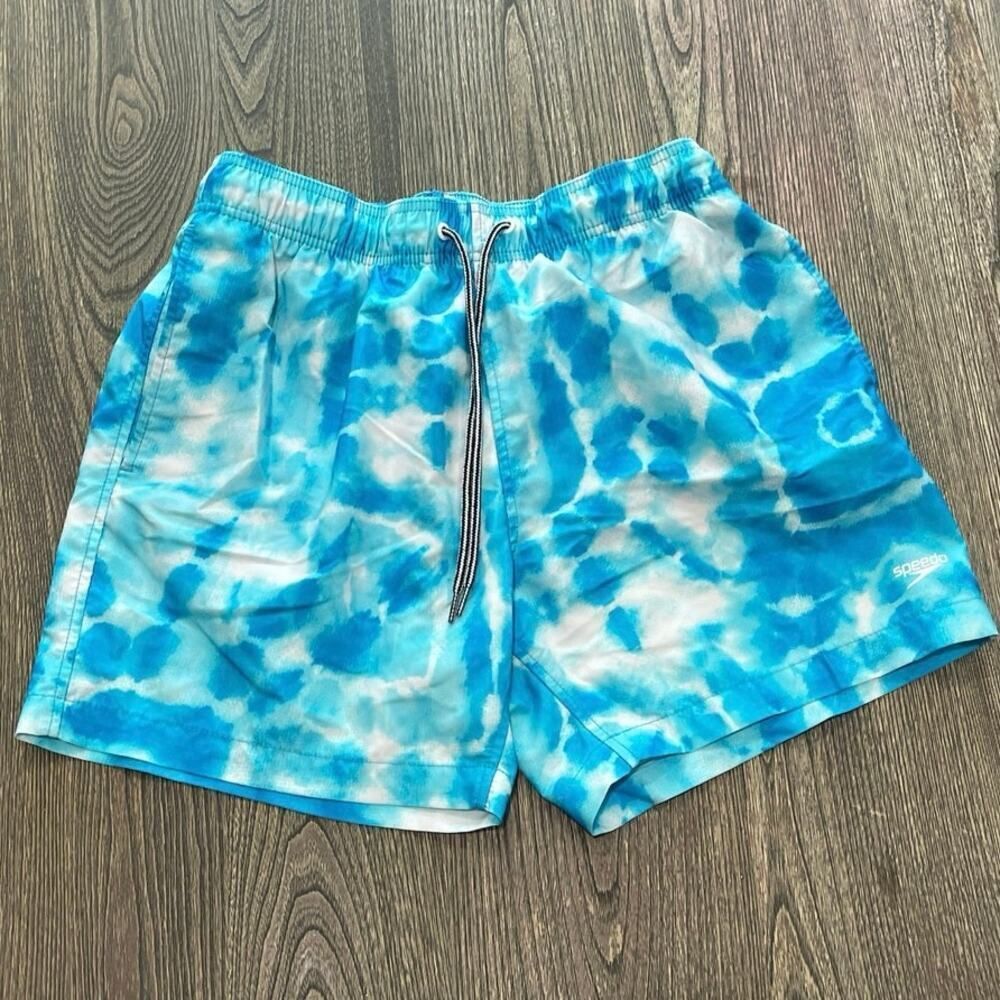 Speedo Mens Tie Dye Swim Trunks Pull-On Elastic Waist Pockets Light Blue Size M